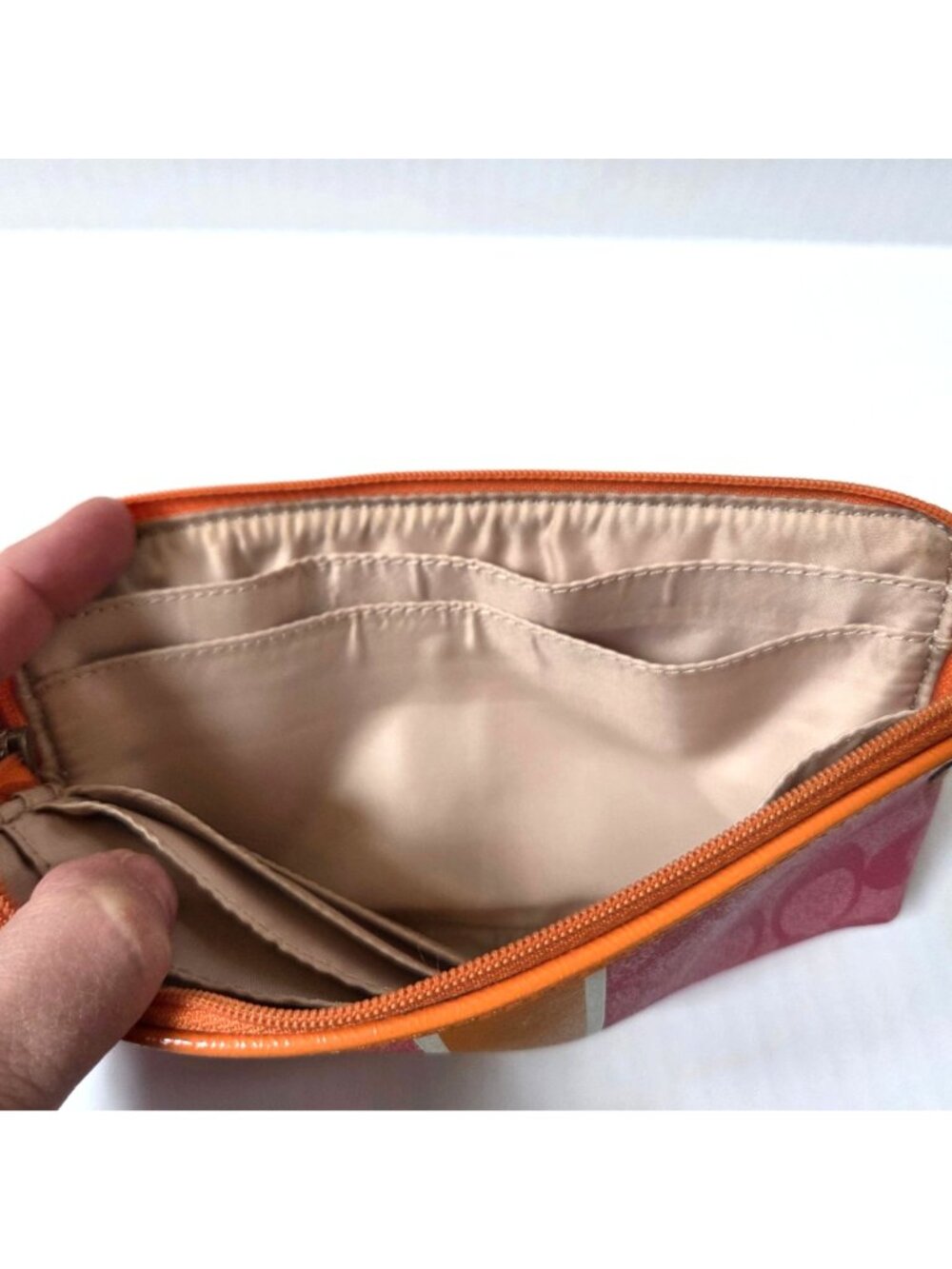 Coach Wallet Pink Orange Signature Stripe Coated Canvas Double Zip Wristlet - Picture 10 of 12
